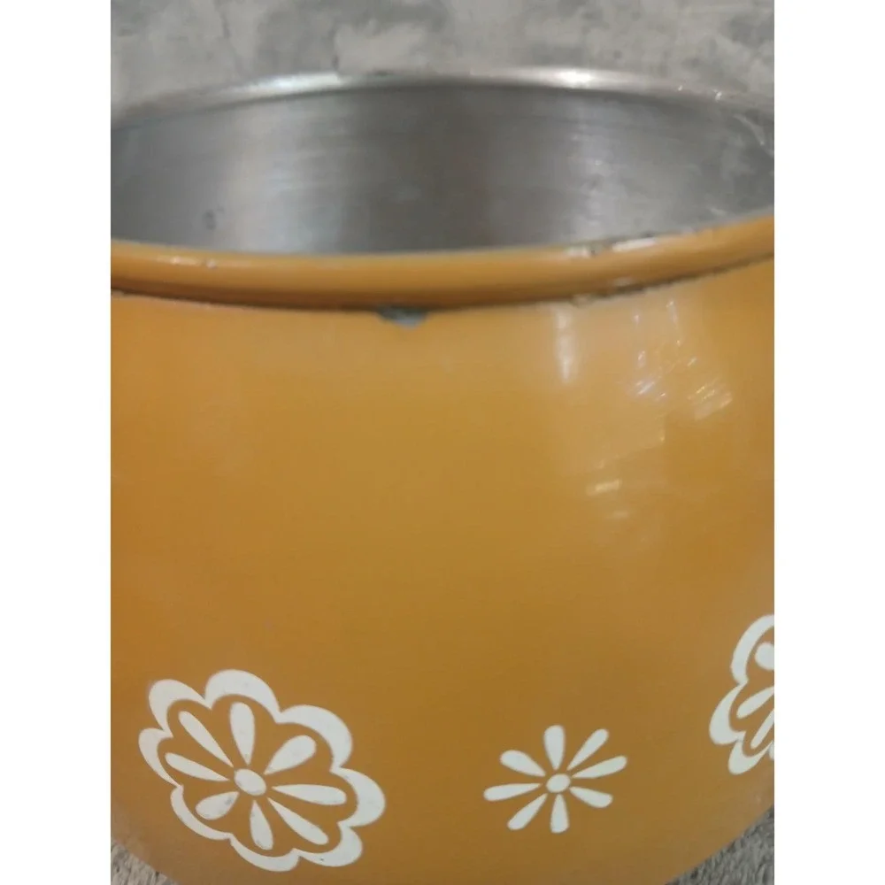Vintage Nevco Harvest Gold Floral 2 Quart Fondue Set 70s MCM w/ Forks Box Yellow